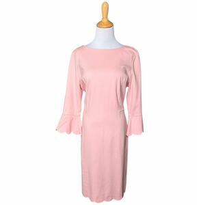 NWT Talbots Pink 3/4 Bell Sleeve Scalloped Hem Ponte Sheath Midi Dress Sz 12